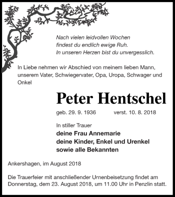 Traueranzeige von Peter Hentschel von Müritz-Zeitung