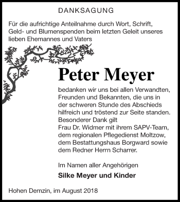 Traueranzeige von Peter Meyer von Mecklenburger Schweiz