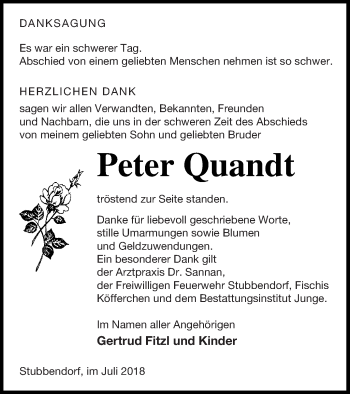 Traueranzeige von Peter Quandt von Mecklenburger Schweiz