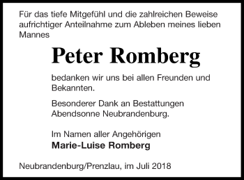 Traueranzeige von Peter Romberg von Neubrandenburger Zeitung