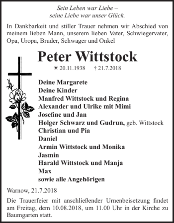 Traueranzeige von Peter Wittstock von Bützower Zeitung