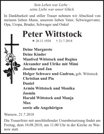 Traueranzeige von Peter Wittstock von Bützower Zeitung