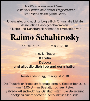 Traueranzeigen Von Raimo Schabirosky Trauer Nordkurier