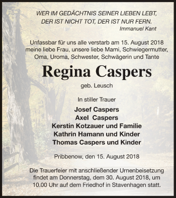 Traueranzeige von Regina Caspers von Mecklenburger Schweiz