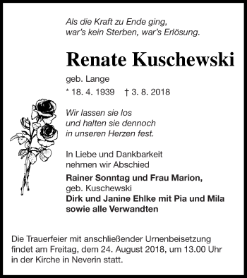 Traueranzeige von Renate Kuschewski von Vorpommern Kurier