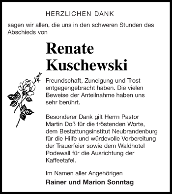 Traueranzeige von Renate Kuschewski von Vorpommern Kurier