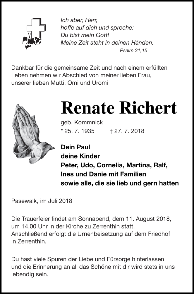  Traueranzeige für Renate Richert vom 04.08.2018 aus Pasewalker Zeitung