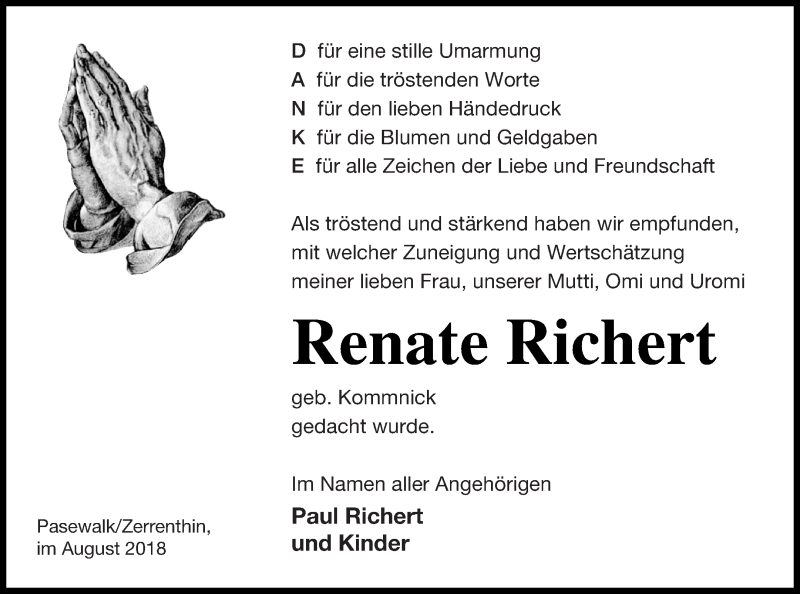  Traueranzeige für Renate Richert vom 18.08.2018 aus Pasewalker Zeitung