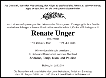 Traueranzeige von Renate Unger von Strelitzer Zeitung