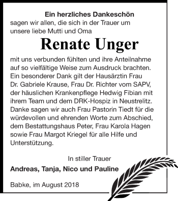 Traueranzeige von Renate Unger von Strelitzer Zeitung