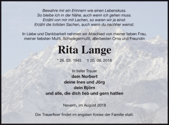 Traueranzeige von Rita Lange von Neubrandenburger Zeitung