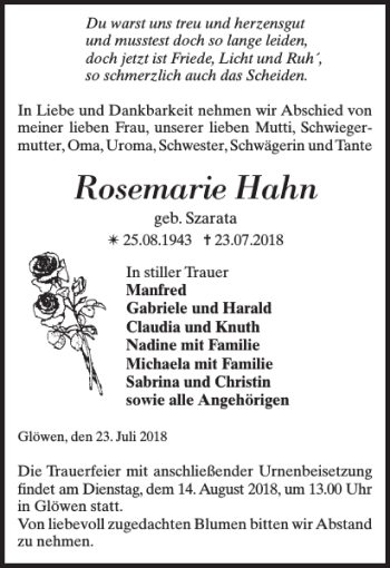 Traueranzeige von Rosemarie Hahn von Der Prignitzer