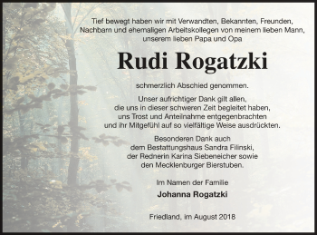 Traueranzeige von Rudi Rogatzki von Neubrandenburger Zeitung