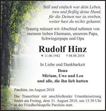 Traueranzeige von Rudolf Hinz von Parchimer Zeitung