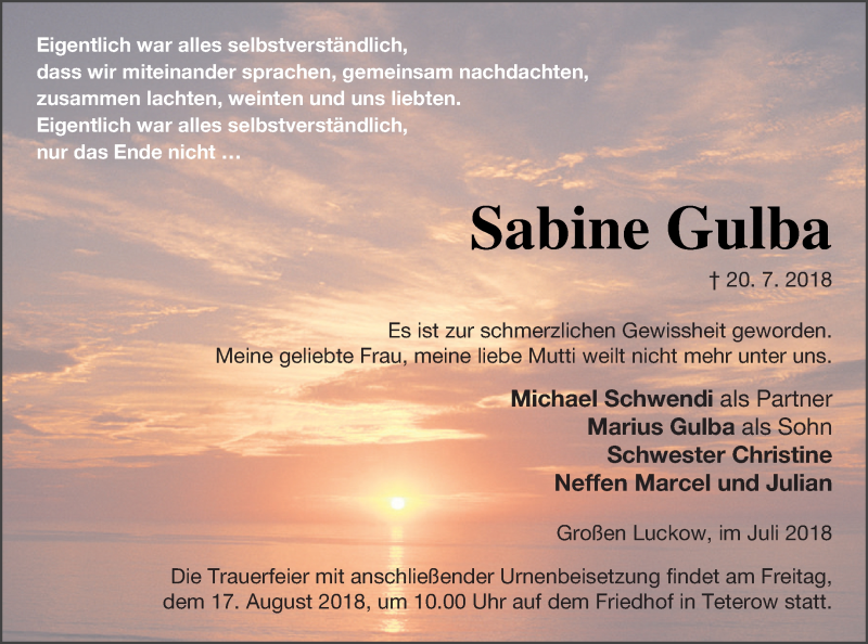  Traueranzeige für Sabine Gulba vom 10.08.2018 aus Mecklenburger Schweiz