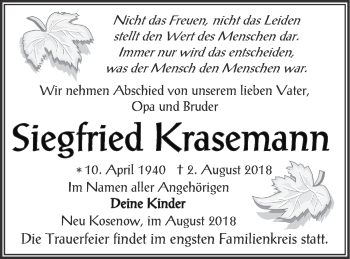 Traueranzeige von Siegfried Krasemann von Vorpommern Kurier