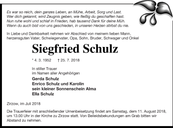 Traueranzeige von Siegfried Schulz von Neubrandenburger Zeitung