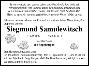 Traueranzeige von Siegmund Samulewitsch von Neubrandenburger Zeitung