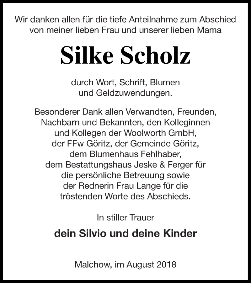  Traueranzeige für Silke Scholz vom 03.08.2018 aus Prenzlauer Zeitung