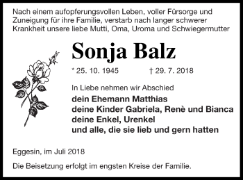 Traueranzeige von Sonja Balz von Haff-Zeitung