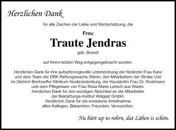 Traueranzeige von Traute Jendras von Müritz-Zeitung
