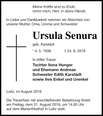 Traueranzeige von Ursula Senura von Vorpommern Kurier