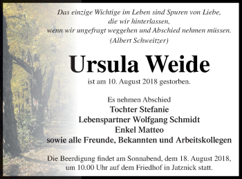 Traueranzeige von Ursula Weide von Pasewalker Zeitung