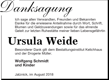 Traueranzeige von Ursula Weide von Pasewalker Zeitung