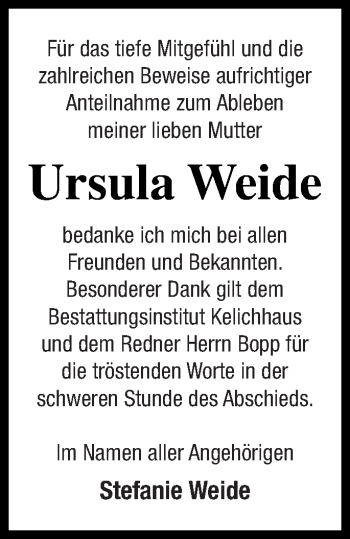 Traueranzeige von Ursula Weide von Pasewalker Zeitung