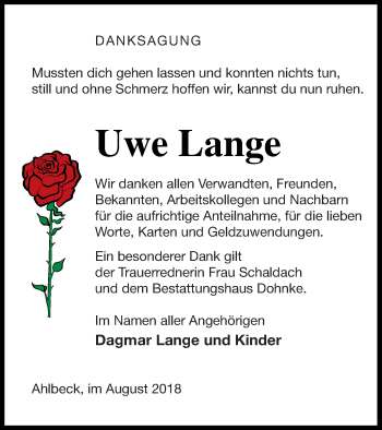 Traueranzeige von Uwe Lange von Haff-Zeitung