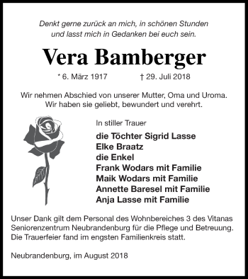 Traueranzeige von Vera Bamberger von Neubrandenburger Zeitung