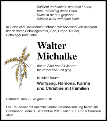 Traueranzeige von Walter Michalke von Müritz-Zeitung