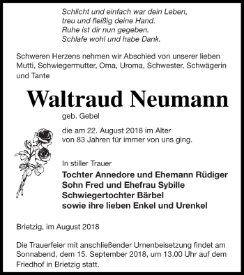 Traueranzeige von Waltraud Neumann von Pasewalker Zeitung