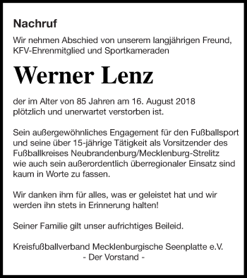 Traueranzeige von Werner Lenz von Neubrandenburger Zeitung