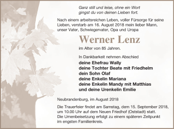 Traueranzeige von Werner Lenz von Neubrandenburger Zeitung