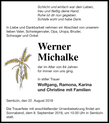 Traueranzeige von Werner Michalke von Müritz-Zeitung