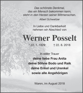 Traueranzeige von Werner Posselt von Müritz-Zeitung