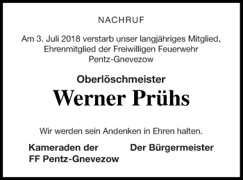 Traueranzeige von Werner Prühs von Demminer Zeitung