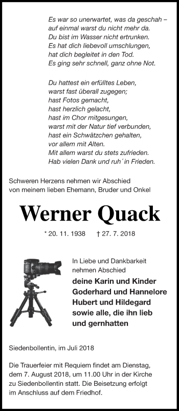 Traueranzeige von Werner Quack von Neubrandenburger Zeitung