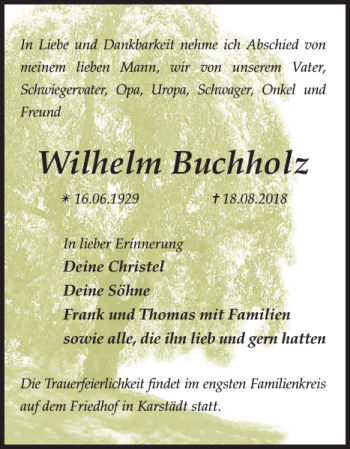 Traueranzeige von Wilhelm Buchholz von Der Prignitzer