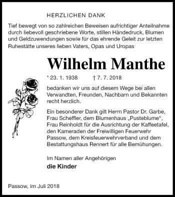 Traueranzeige von Wilhelm Manthe von Vorpommern Kurier