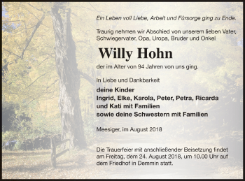 Traueranzeige von Willy Hohn von Vorpommern Kurier