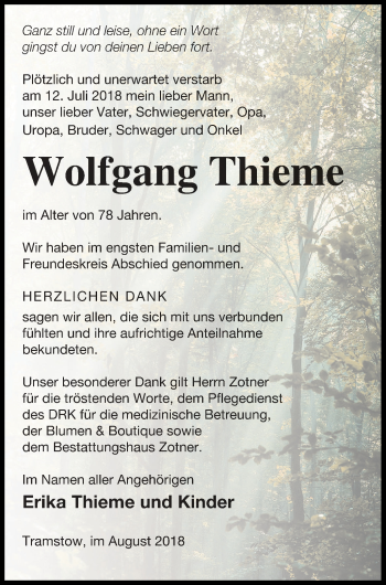 Traueranzeige von Wolfgang Thieme von Vorpommern Kurier