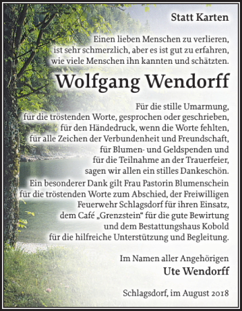 Traueranzeige von Wolfgang Wendorff von Gadebusch-Rehnaer Zeitung