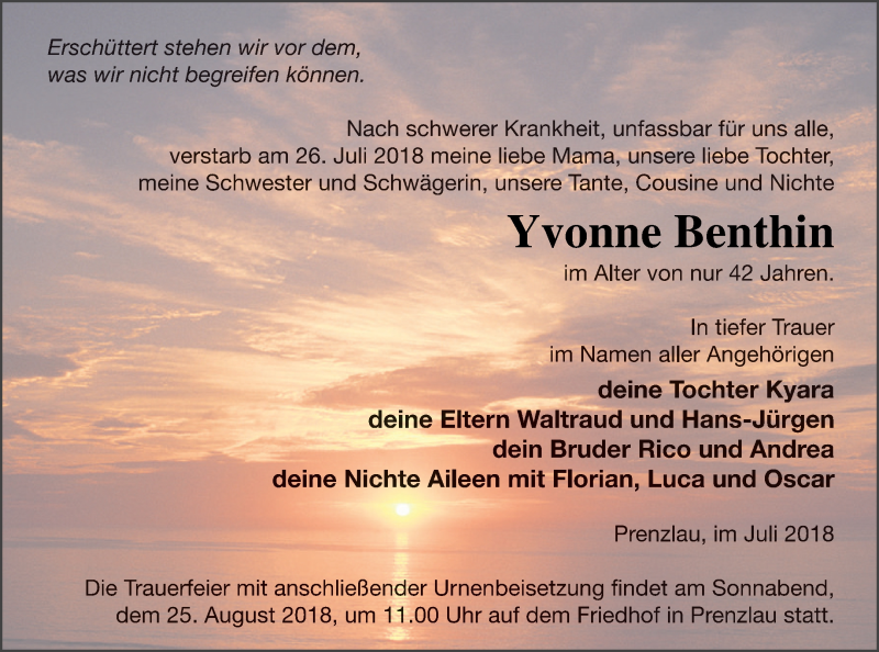  Traueranzeige für Yvonne Benthin vom 04.08.2018 aus Prenzlauer Zeitung
