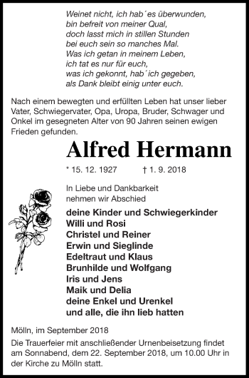 Traueranzeige von Alfred Hermann von Neubrandenburger Zeitung