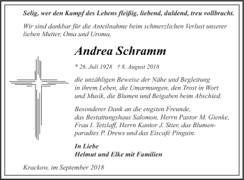 Traueranzeige von Andrea Schramm von Pasewalker Zeitung