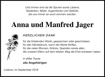 Traueranzeige von Anna Jager von Vorpommern Kurier