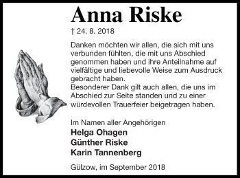 Traueranzeige von Anna Riske von Demminer Zeitung