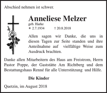 Traueranzeige von Anneliese Melzer von Zeitung für Lübz - Goldberg - Plau